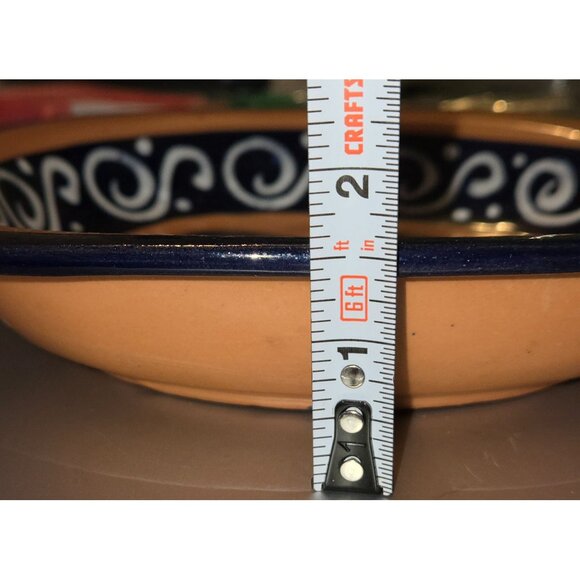 Mexican Red Clay Pottery Bowl Blue And White Flower And Scroll Design - Picture 4 of 7